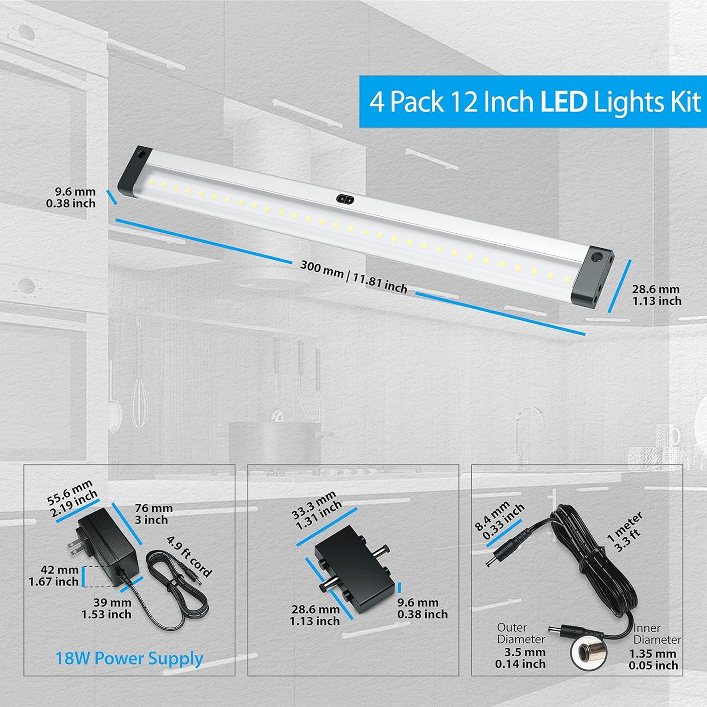 Hand Wave Activated under Cabinet LED Lighting Kit, Dimmable, 4-Pack 12 in - Touchless Dimming Control, Black under Counter Lights for Kitchen, Garage, Shelf, Pantry - Warm White (3000K)