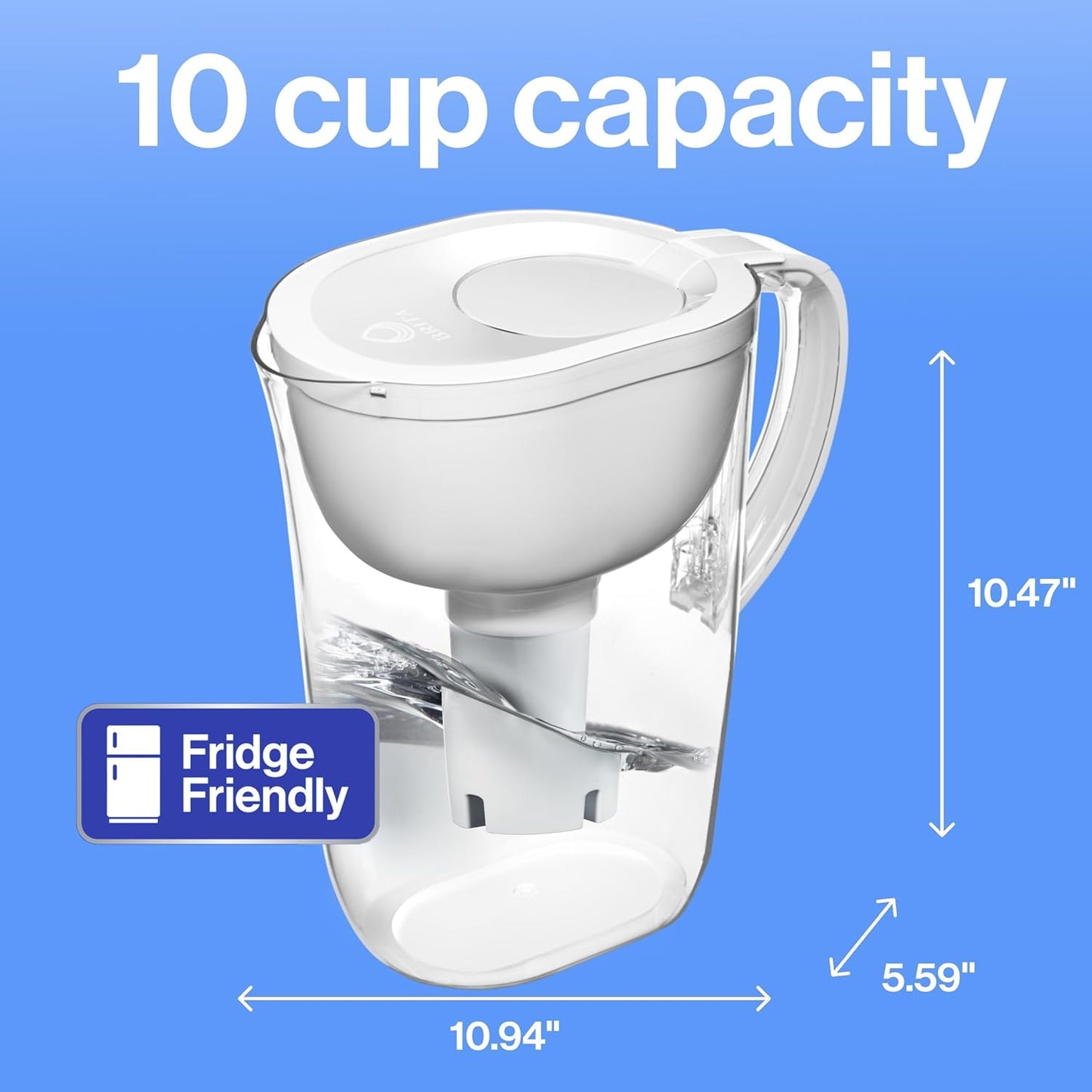 Large Water Filter Pitcher for Tap and Drinking Water, Includes 1 Standard Filter, Bpa-Free, Lasts Two Months, 10-Cup Capacity, Bright White