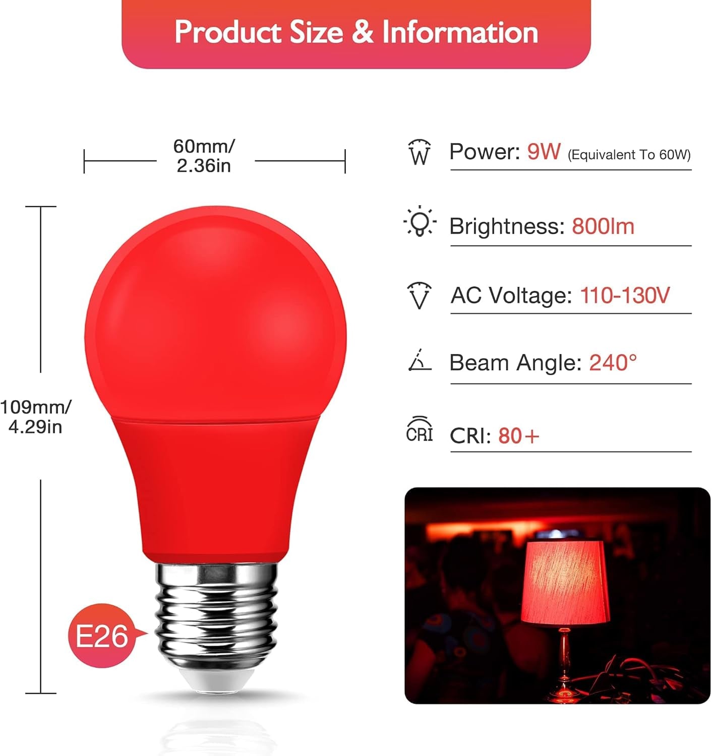 Red LED Light Bulb 60W Equivalent, A19 E26 Base, 9W for Halloween, Christmas Decoration, Party, Bars, Porch Lights, Holiday Mood Lighting, Pack of 2