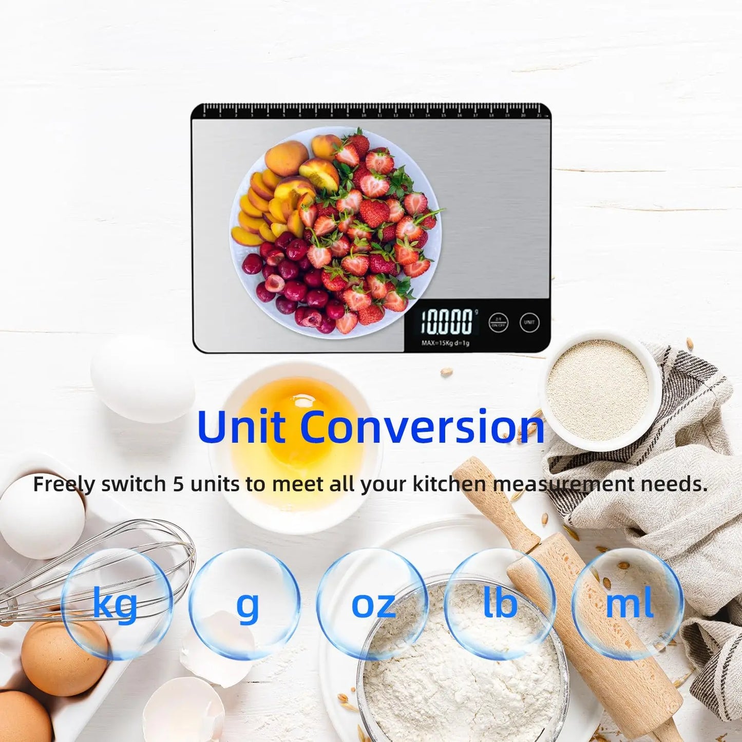 Food Scale 33Lb/15Kg Digital Kitchen Scale for Food Ounces and Grams Cooking Baking 1G/0.1Oz Precise Graduation USB Rechargeable