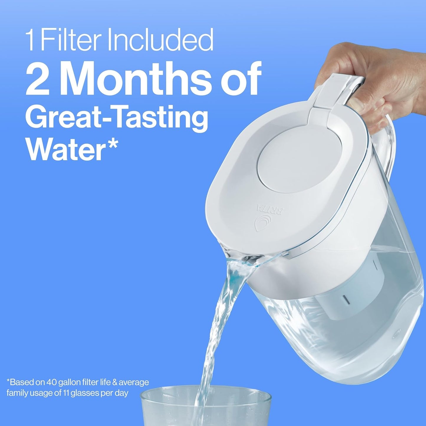 Large Water Filter Pitcher for Tap and Drinking Water, Includes 1 Standard Filter, Bpa-Free, Lasts Two Months, 10-Cup Capacity, Bright White