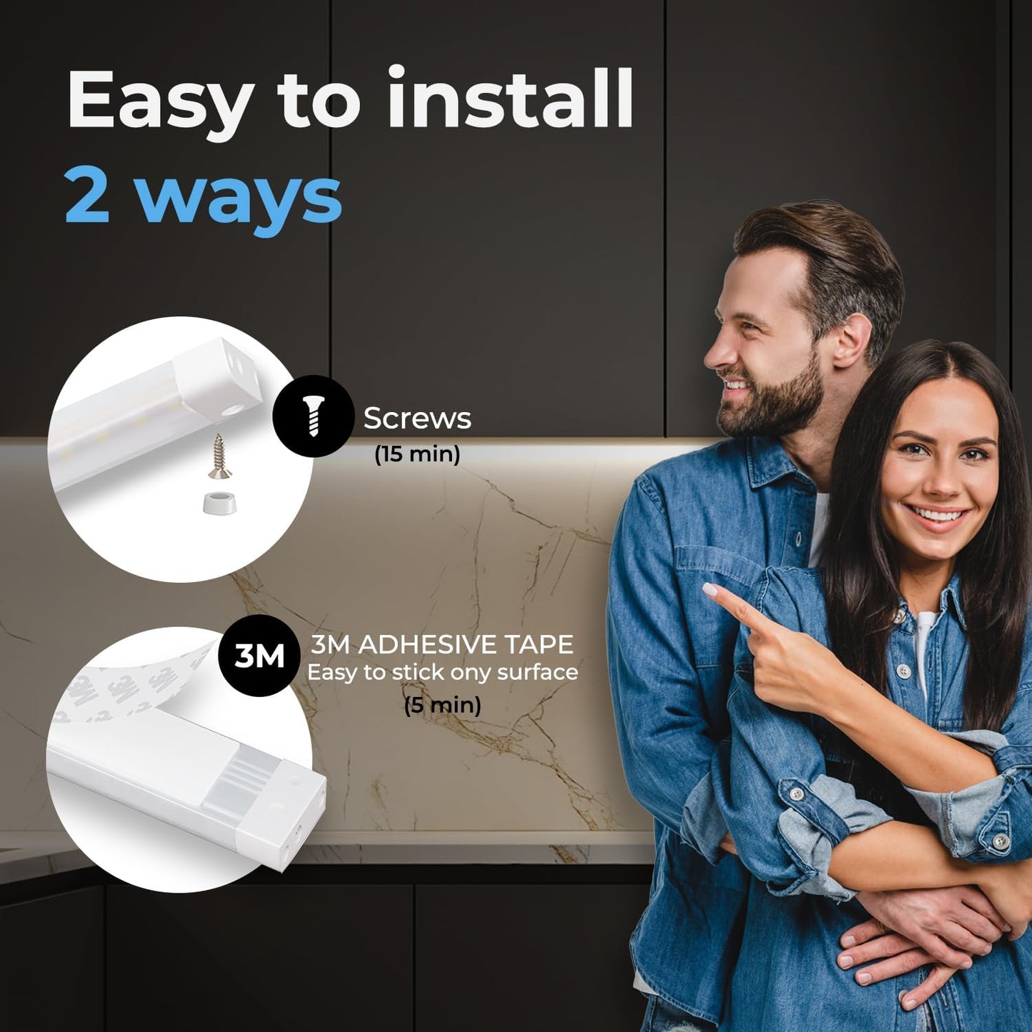 Hand Wave Activated under Cabinet LED Lighting Kit, Dimmable, 4-Pack 12 in - Touchless Dimming Control, Black under Counter Lights for Kitchen, Garage, Shelf, Pantry - Warm White (3000K)