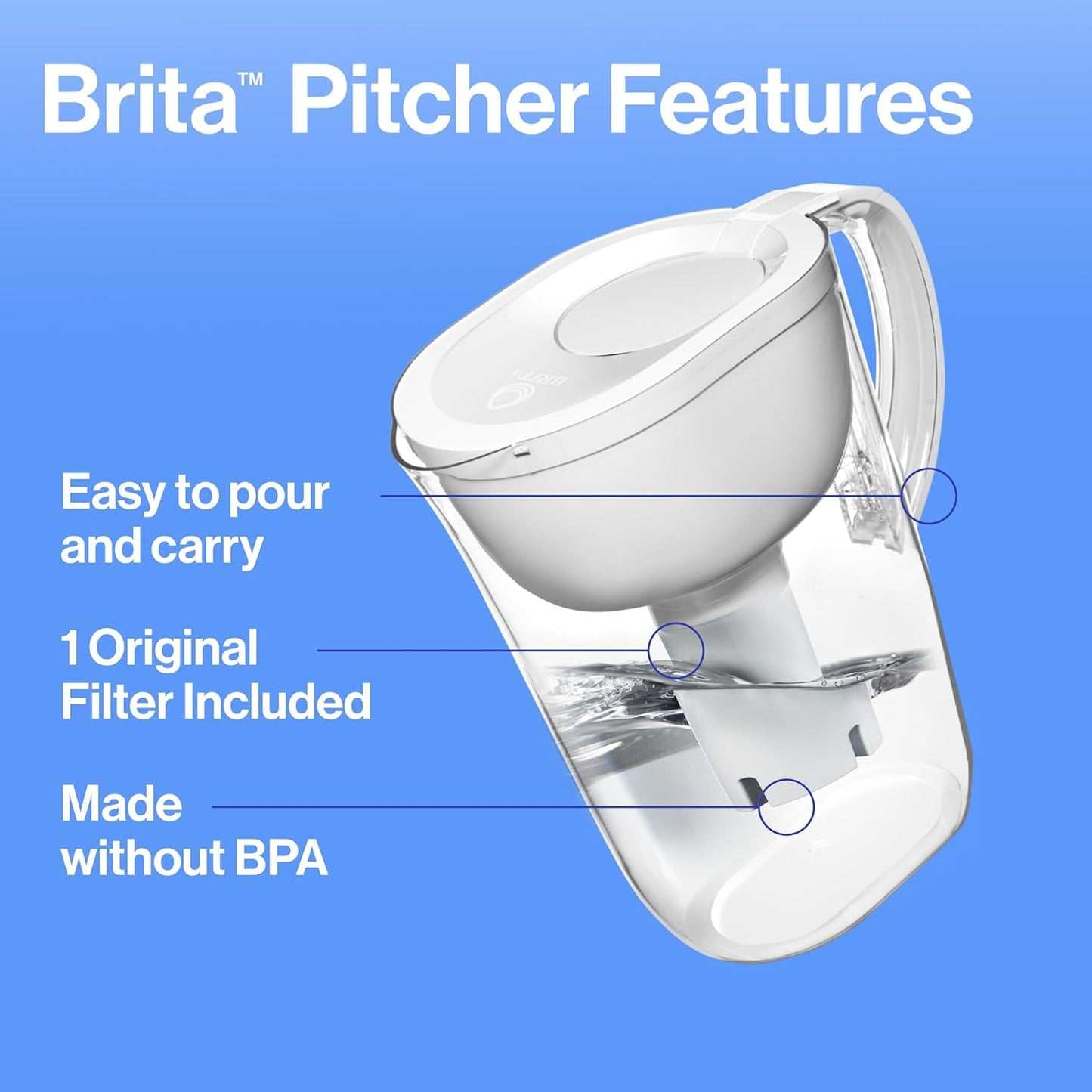 Large Water Filter Pitcher for Tap and Drinking Water, Includes 1 Standard Filter, Bpa-Free, Lasts Two Months, 10-Cup Capacity, Bright White