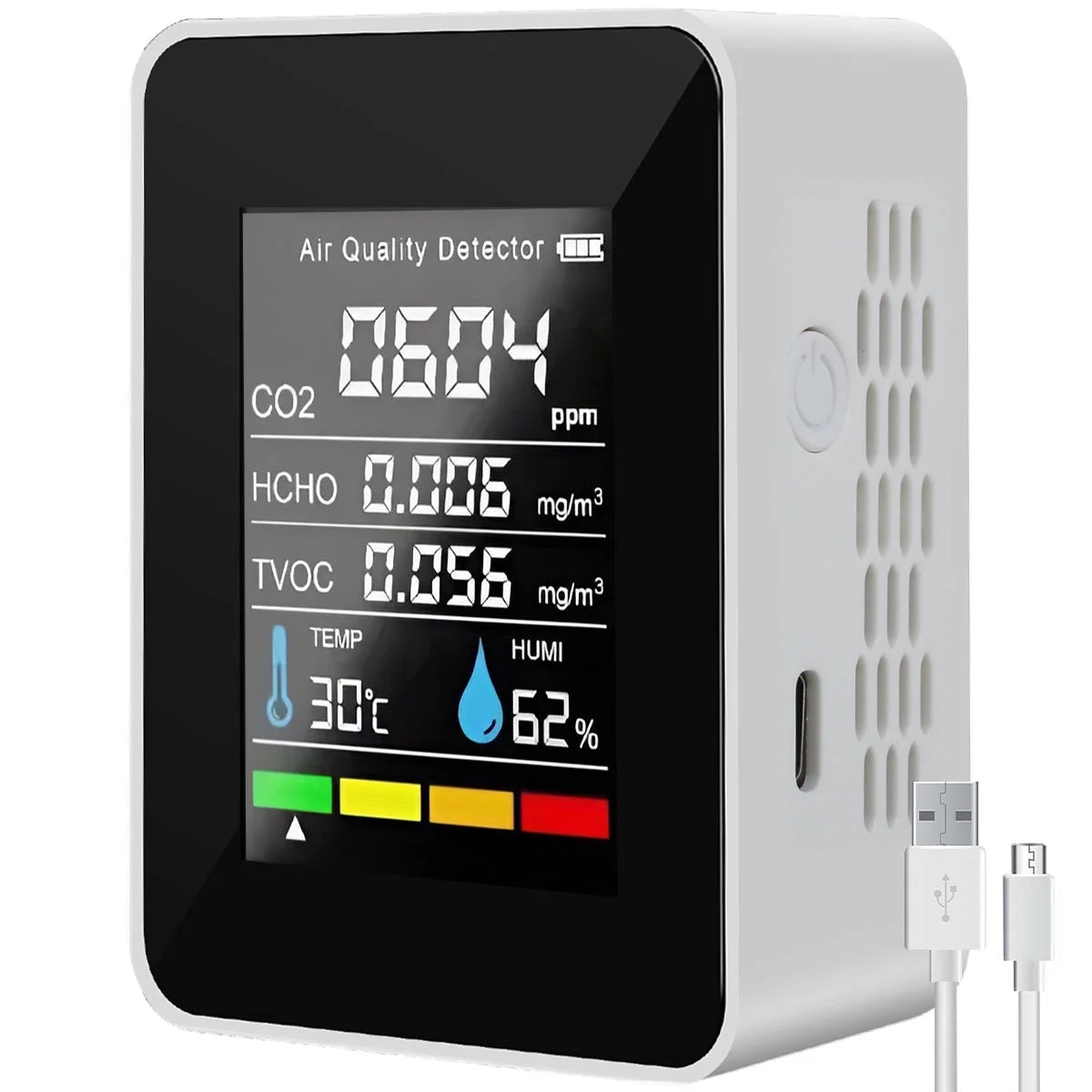 Air Quality Monitor Indoor, 5-In-1 Professional Portable CO2 Detector, TVOC HCHO Humidity Temperature Meter, White