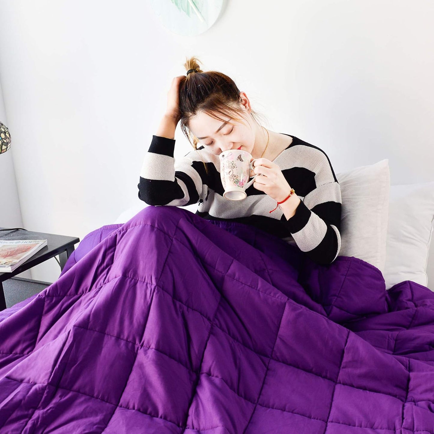 Ultra Soft Cooling100% Cotton Weighted Blanket Contemporary Design Quilted Bedspread (Purple, Weighted Blanket 15 Lb - 48X72)