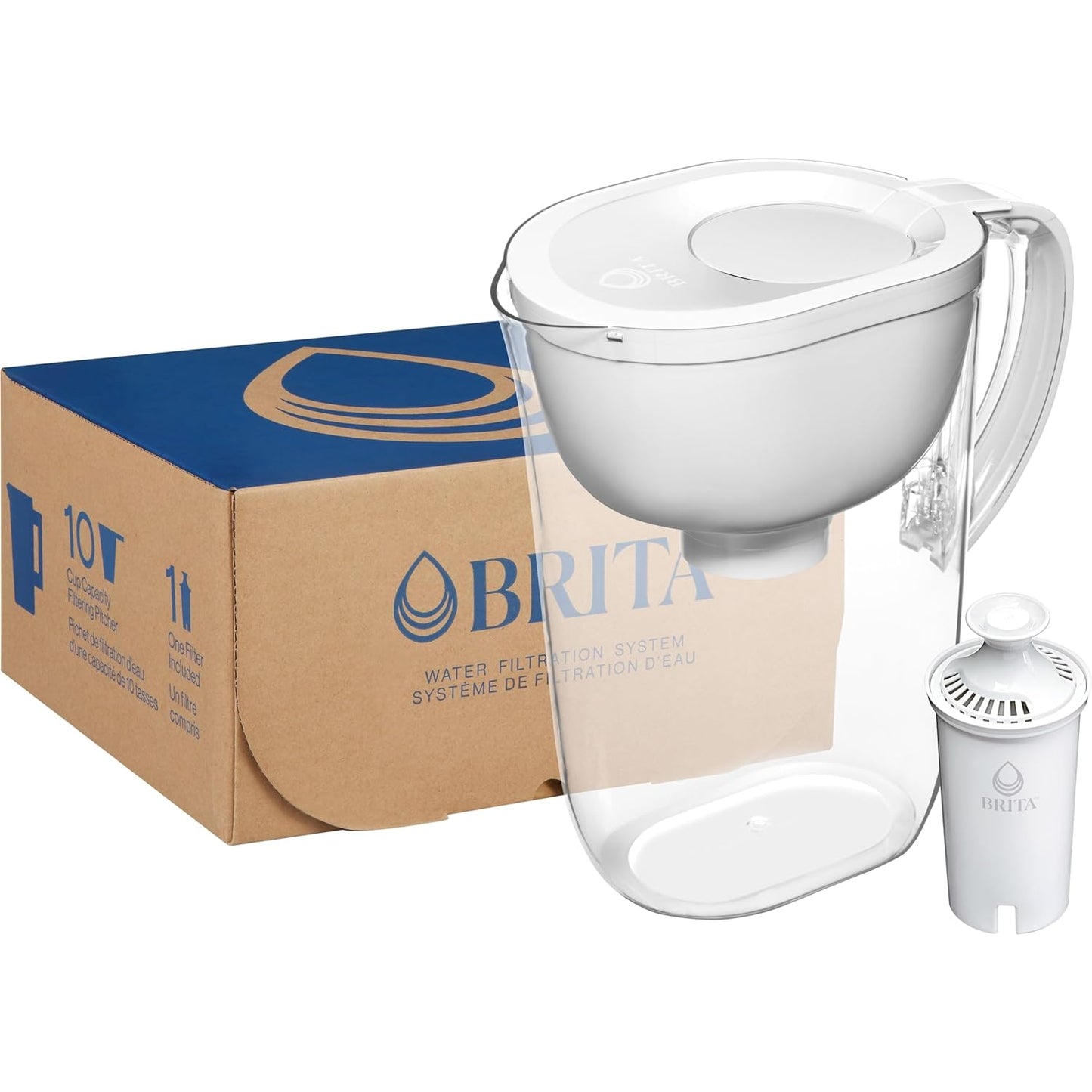 Large Water Filter Pitcher for Tap and Drinking Water, Includes 1 Standard Filter, Bpa-Free, Lasts Two Months, 10-Cup Capacity, Bright White