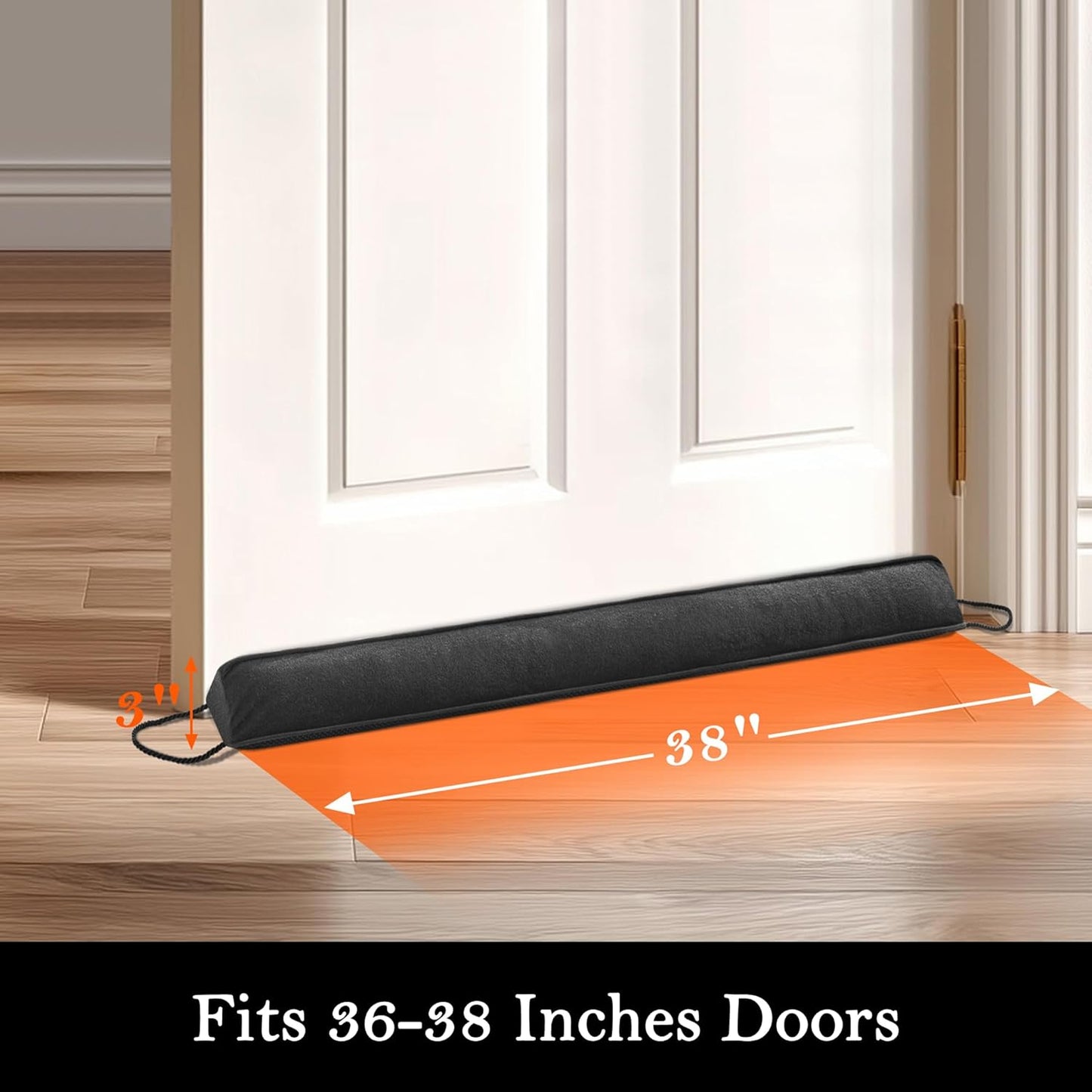 38" Door Draft Stopper Blocks Hot Cold Air with Removable Washable Cover for Gaps up to 3", All-Season Noise and Wind Seal for the Bottom of Door and Window, Black