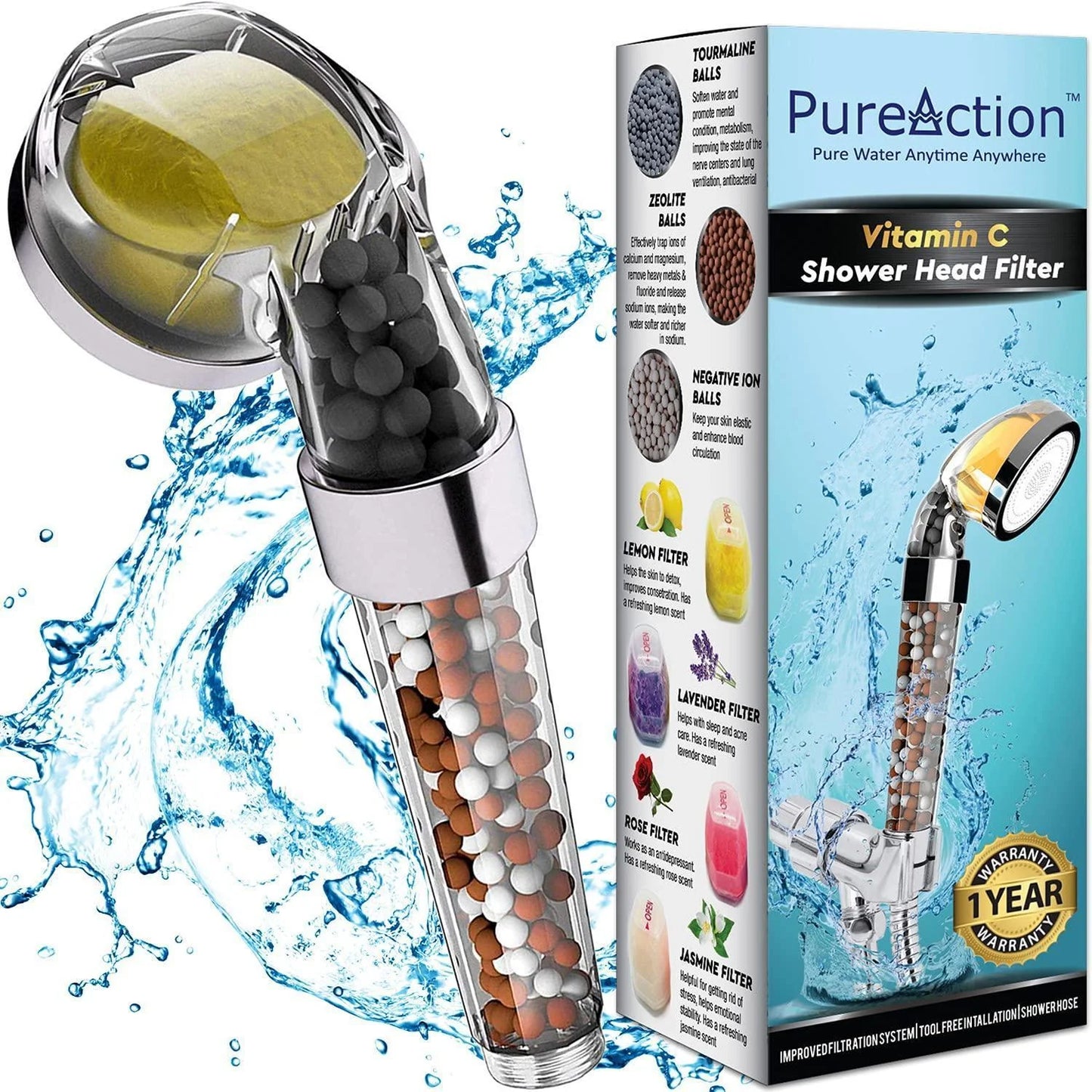 Pureaction Vitamin C Shower Head Filter with Hose & Replacement Filters Hard Water Softener Chlorine & Fluoride Filter Water Purifying Filtered Showerhead with Beads Helps Dry Skin & Hair Loss