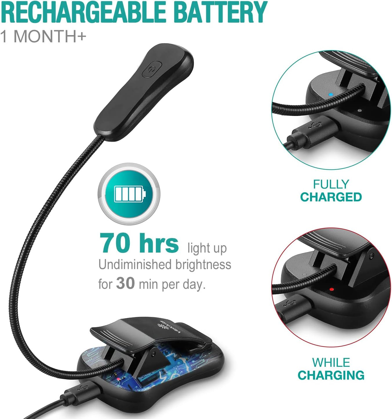 Amber Rechargeable 7 - Led Eye - Care Book Light with Blue - Light Blocking, 3 Levels, 1600K for Eye - Friendly Use. Offers up to 70 Hours of Reading