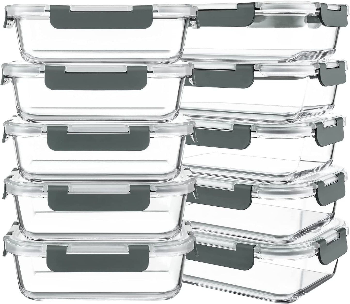 10 Packs 30 Oz Glass Meal Prep Containers,Glass Food Storage Containers with Lids,Airtight Glass Lunch Bento Boxes,Microwave,Freezer and Dishwasher,Gray