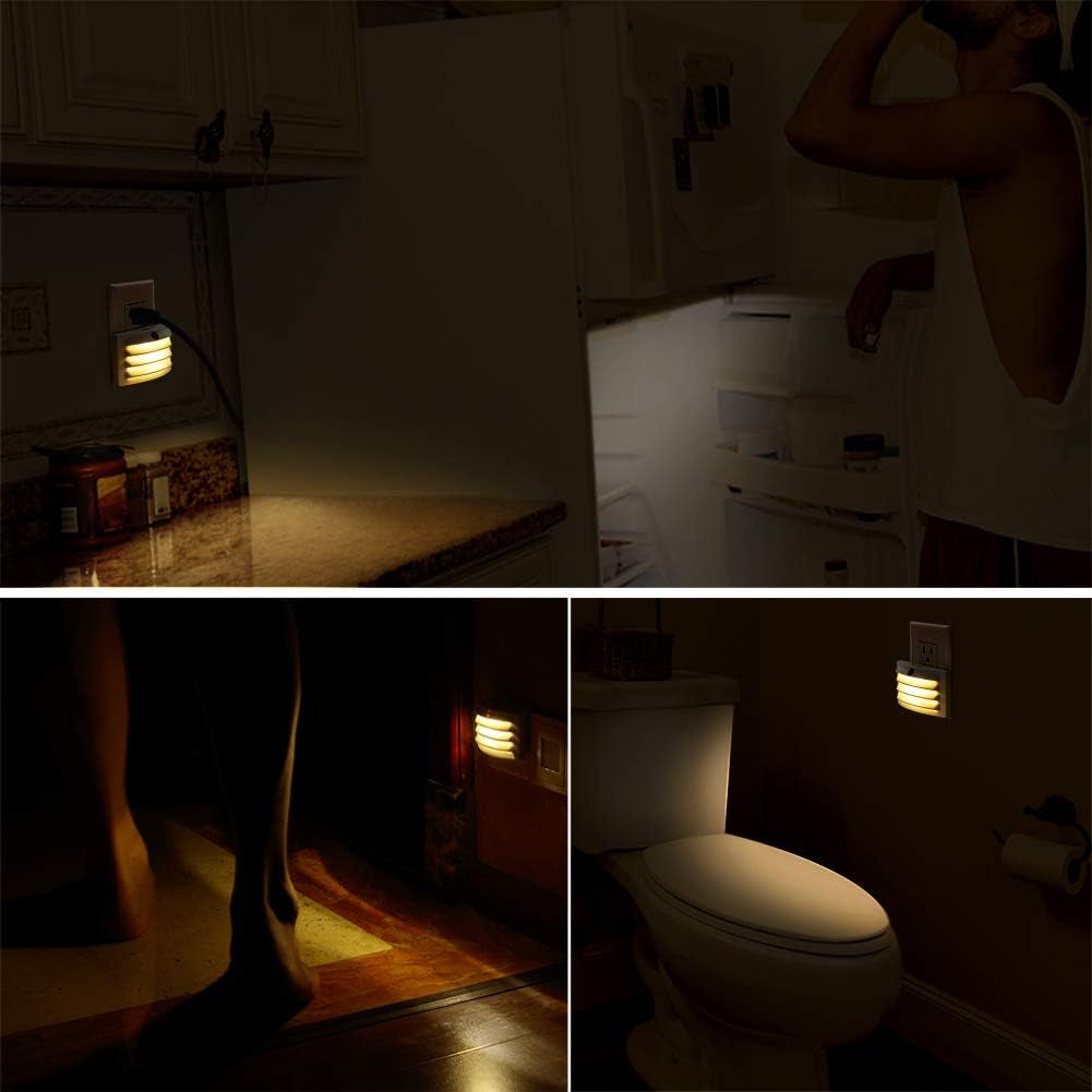 Plug-In Night Light, Glare Free Nightlight, Warm White LED, Dusk to Dawn Sensor, Bedroom, Bathroom, Hallway, Kitchen, Stairways, Corridor, Energy Efficient, Compact, UL Listed, 4 Pack