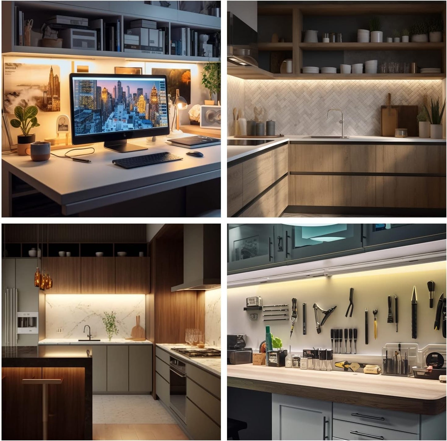 Hand Wave Activated under Cabinet LED Lighting Kit, Dimmable, 4-Pack 12 in - Touchless Dimming Control, Black under Counter Lights for Kitchen, Garage, Shelf, Pantry - Warm White (3000K)
