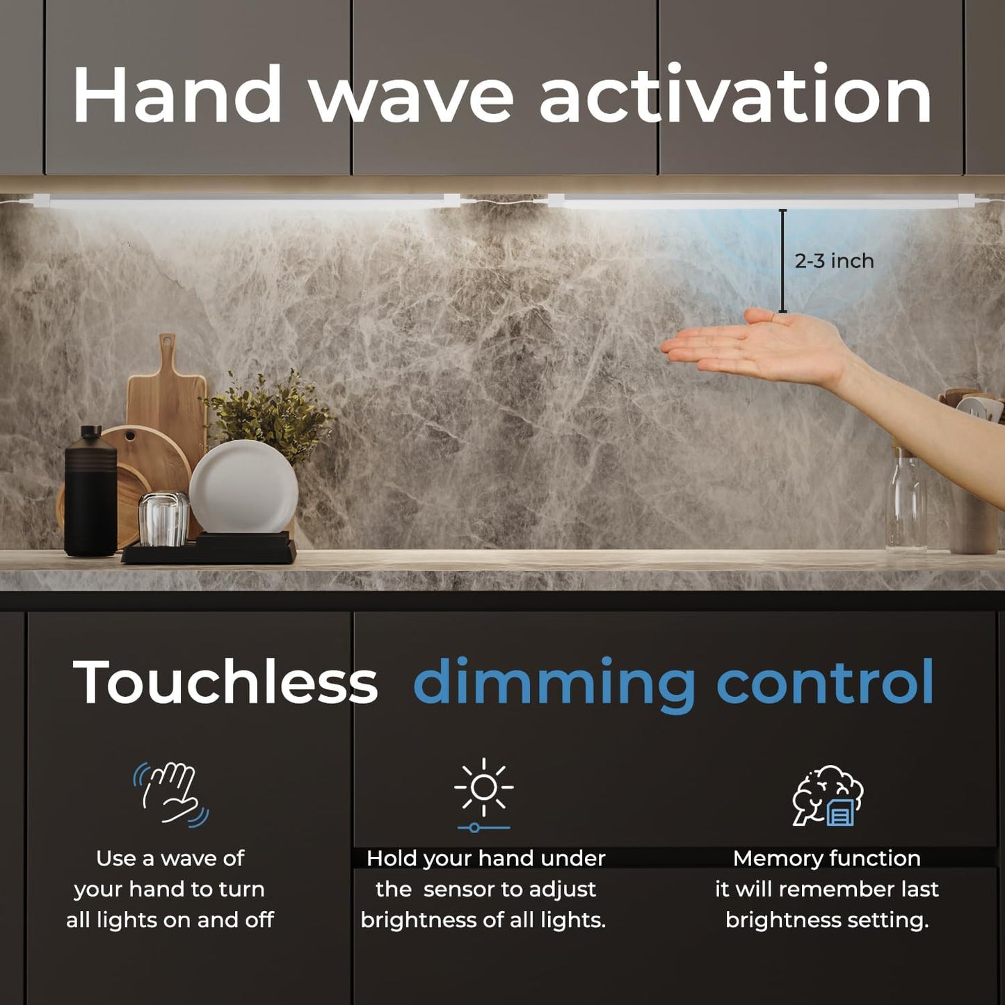 Hand Wave Activated under Cabinet LED Lighting Kit, Dimmable, 4-Pack 12 in - Touchless Dimming Control, Black under Counter Lights for Kitchen, Garage, Shelf, Pantry - Warm White (3000K)