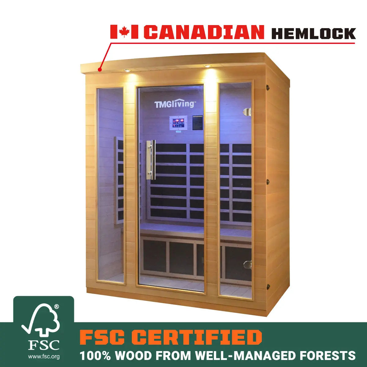 TMG LIVING 3 Person Indoor FAR Infrared Sauna Room, Natural Canadian Hemlock, Bluetooth Speakers, Tempered Glass Door, TMG-LSN30