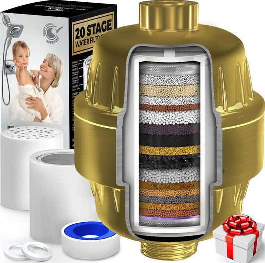20 Stage Shower Filter for Hard Water 2.5 GPM Universal Shower Head Filter for Chlorine Fluoride Heavy Metals Vitamin C E Shower Water Filter for Hair and Skin (Golden)