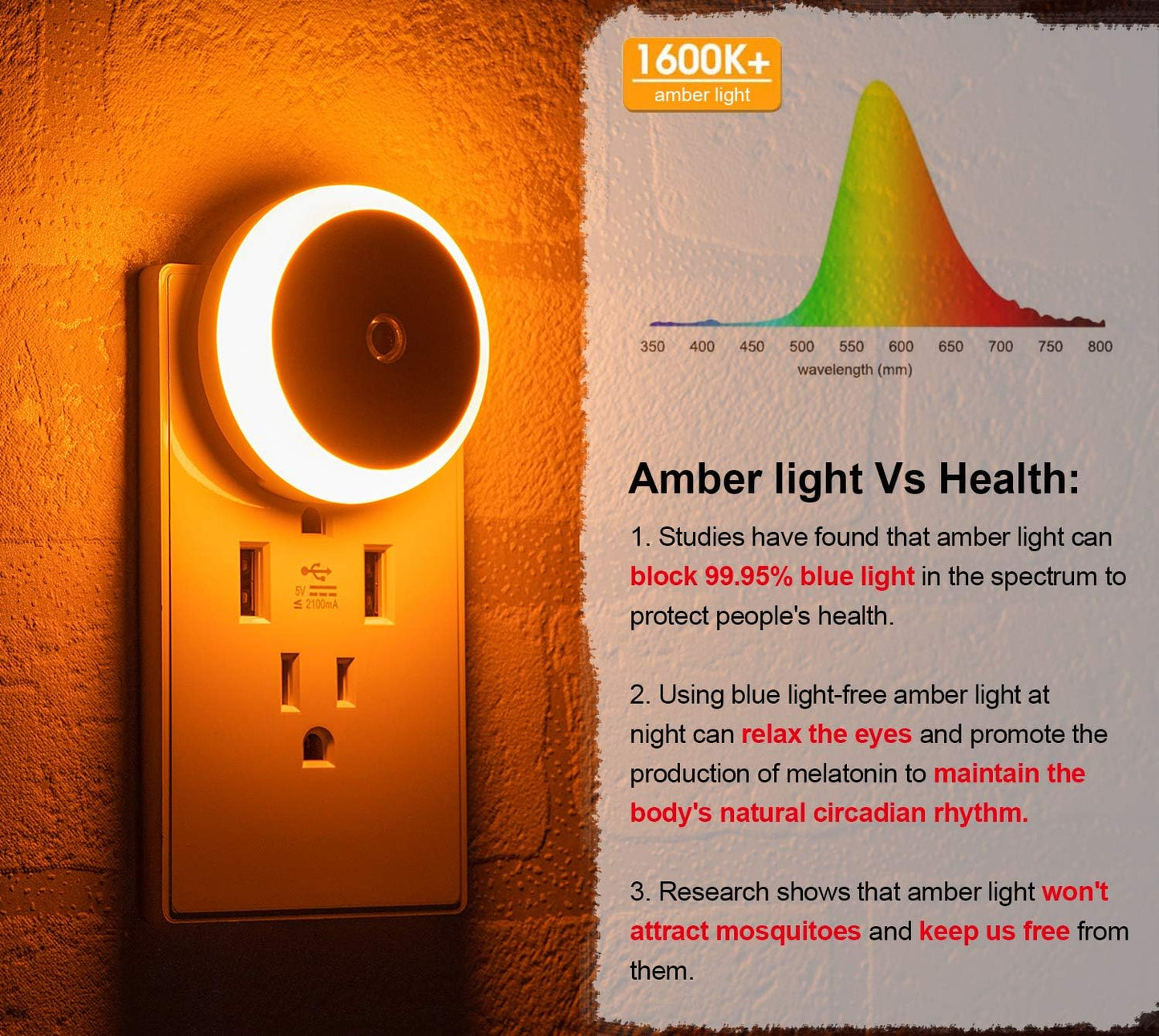 Amber Night Light Plug In, Dusk to Dawn Sensor, Blue Light Blocking, Automatic Nightlight, Energy Efficient, 2 Pack Night Lights Plug into Wall, for Bathroom, Bedroom, Kitchen, Hallway, Stairway