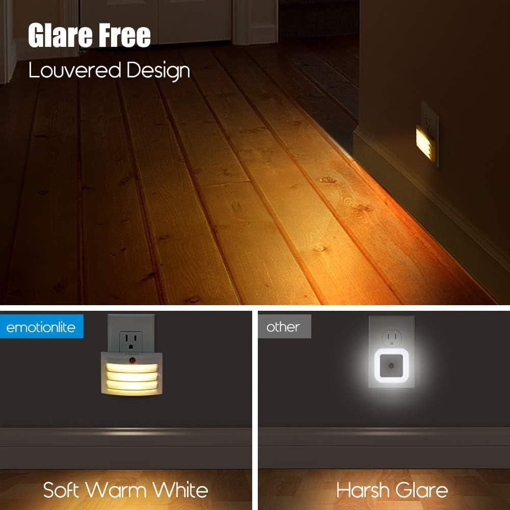 Plug-In Night Light, Glare Free Nightlight, Warm White LED, Dusk to Dawn Sensor, Bedroom, Bathroom, Hallway, Kitchen, Stairways, Corridor, Energy Efficient, Compact, UL Listed, 4 Pack