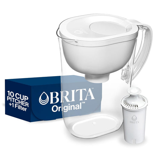 Large Water Filter Pitcher for Tap and Drinking Water, Includes 1 Standard Filter, Bpa-Free, Lasts Two Months, 10-Cup Capacity, Bright White