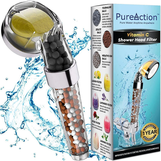 Pureaction Vitamin C Shower Head Filter with Hose & Replacement Filters Hard Water Softener Chlorine & Fluoride Filter Water Purifying Filtered Showerhead with Beads Helps Dry Skin & Hair Loss