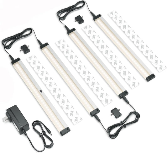 Hand Wave Activated under Cabinet LED Lighting Kit, Dimmable, 4-Pack 12 in - Touchless Dimming Control, Black under Counter Lights for Kitchen, Garage, Shelf, Pantry - Warm White (3000K)