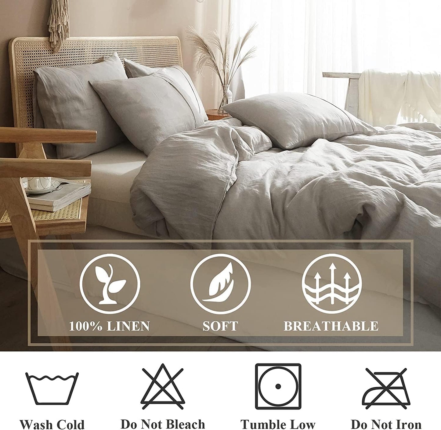 Pure Linen Duvet Cover Queen 100% Natural Washed French Flax Linen Duvet Cover Queen Size 3 Pcs Soft Breathable Moisture Wicking Comfy Cooling Linen Bedding Comforter Cover with 2 Pillowcases