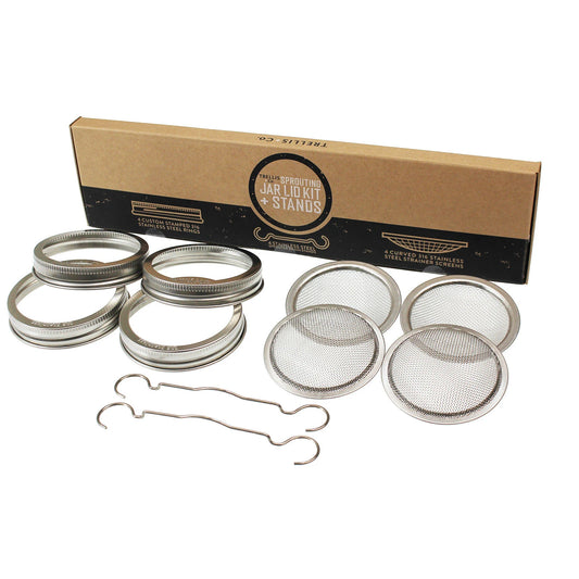 Trellis + Co|Stainless Steel Sprouting Kit, 4 Pack with Sprouting Stands|Rust Proof Stainless,Curved Mesh,Fits Most Wide Mouth Mason Jars